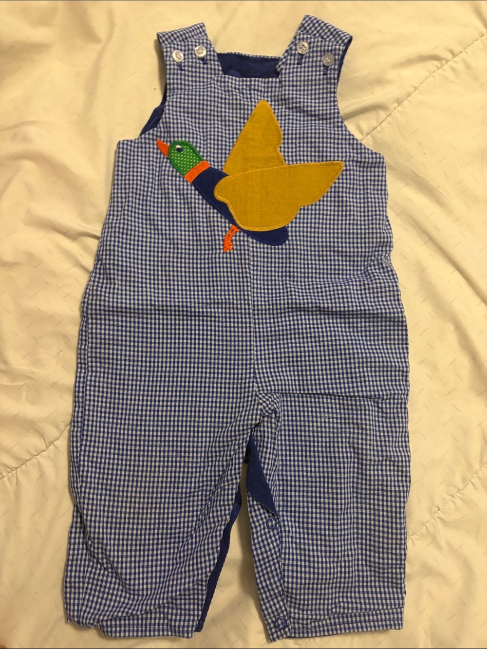 Blue Gingham Kids Overalls with Yellow Duck Motif